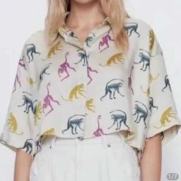 Zara Pastel Monkey Print Cropped Swing top Size S - Picture 1 of 13